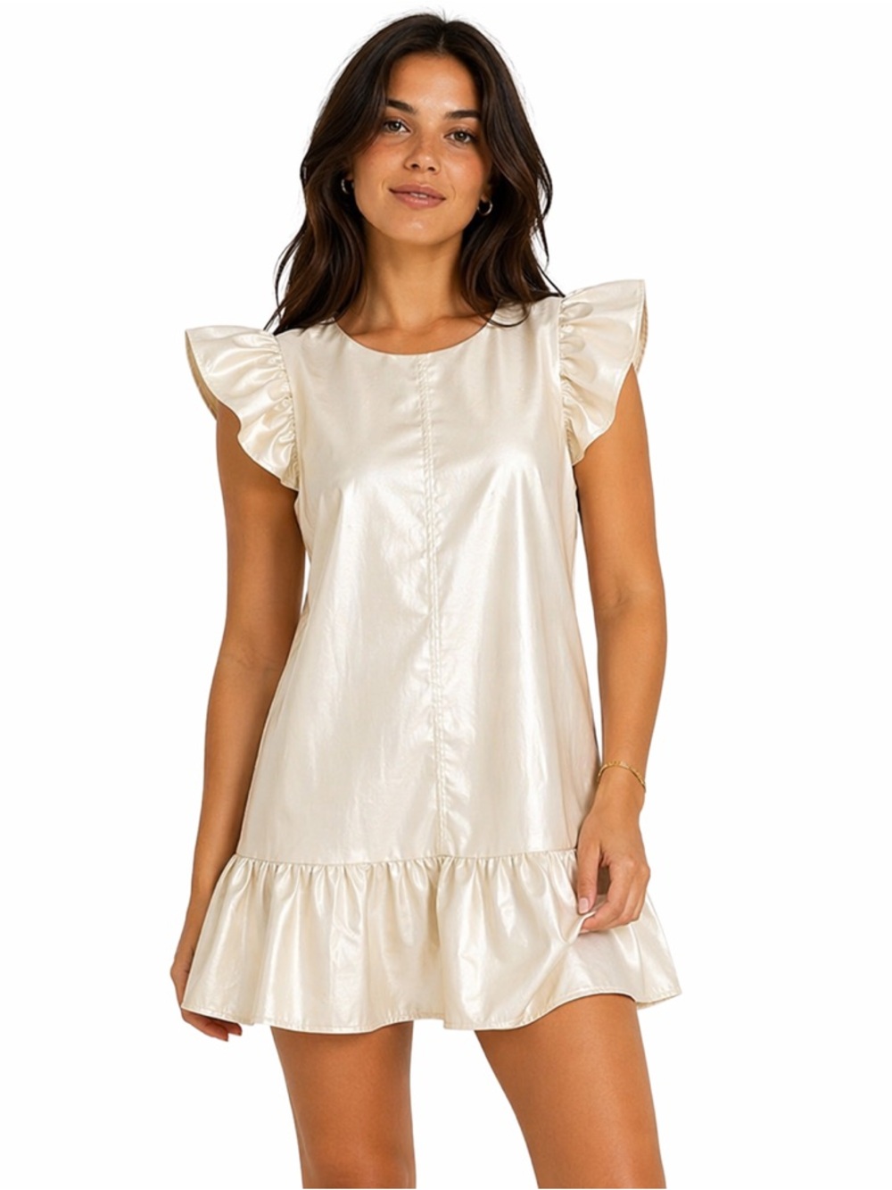 TCEC Cream Satin Flutter Sleeve Dress